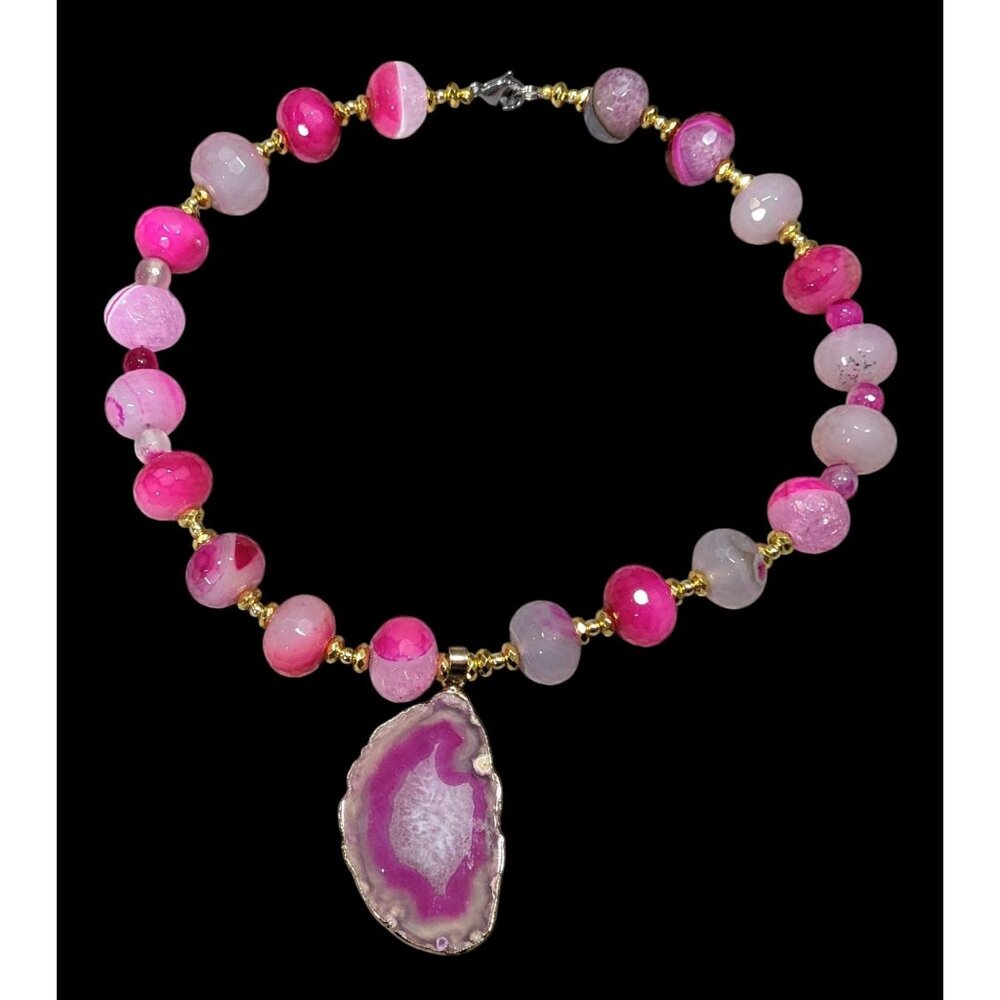 Glam Nature Inspired Pink Dyed Agate And Geode Slice Necklace